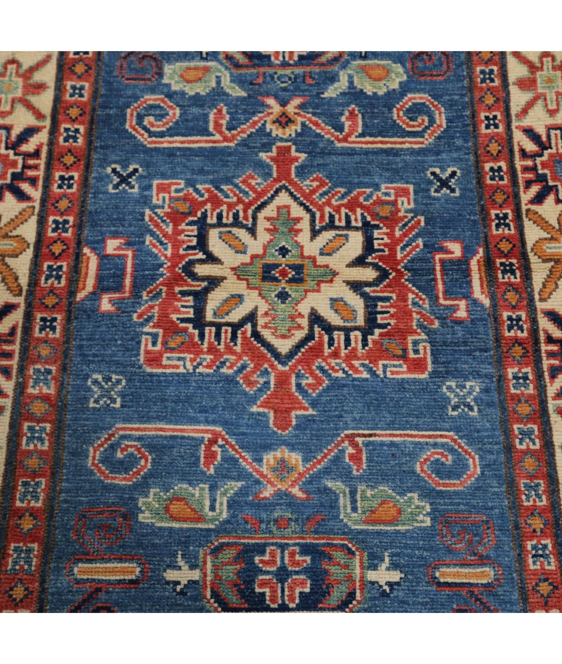 Hand Knotted Tribal Kazak Wool Rug - 2'10'' x 4'8'' 2' 10" X 4' 8" (86 X 142) / Blue / Ivory