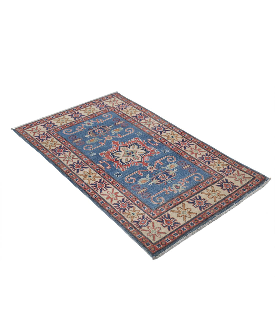 Hand Knotted Tribal Kazak Wool Rug - 2'10'' x 4'8'' 2' 10" X 4' 8" (86 X 142) / Blue / Ivory