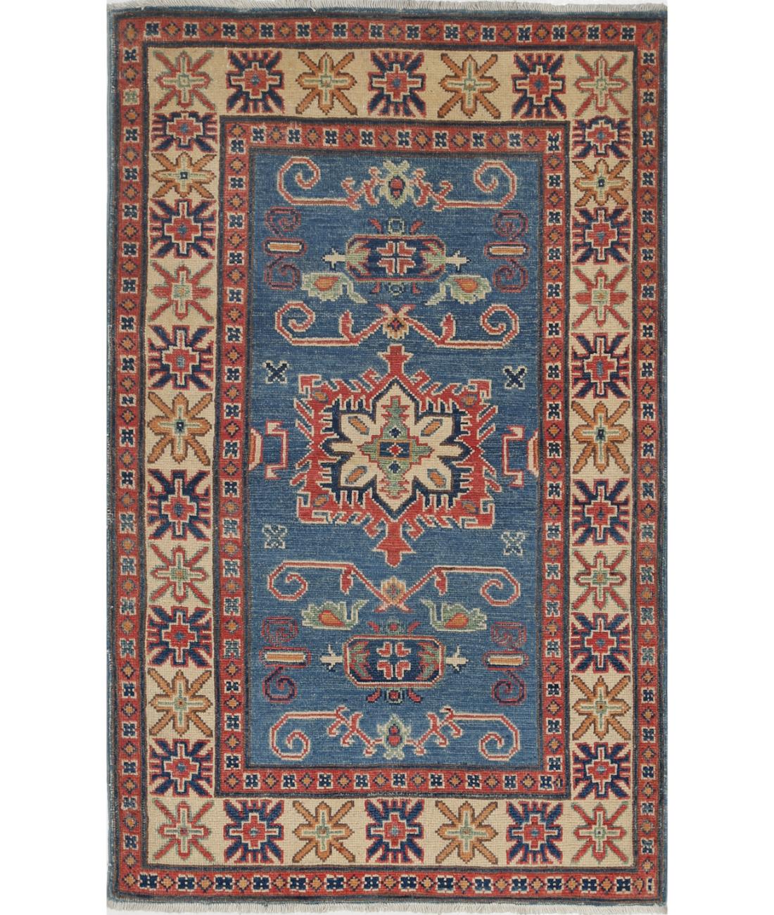 Hand Knotted Tribal Kazak Wool Rug - 2&#39;10&#39;&#39; x 4&#39;8&#39;&#39; 2&#39; 10&quot; X 4&#39; 8&quot; (86 X 142) / Blue / Ivory