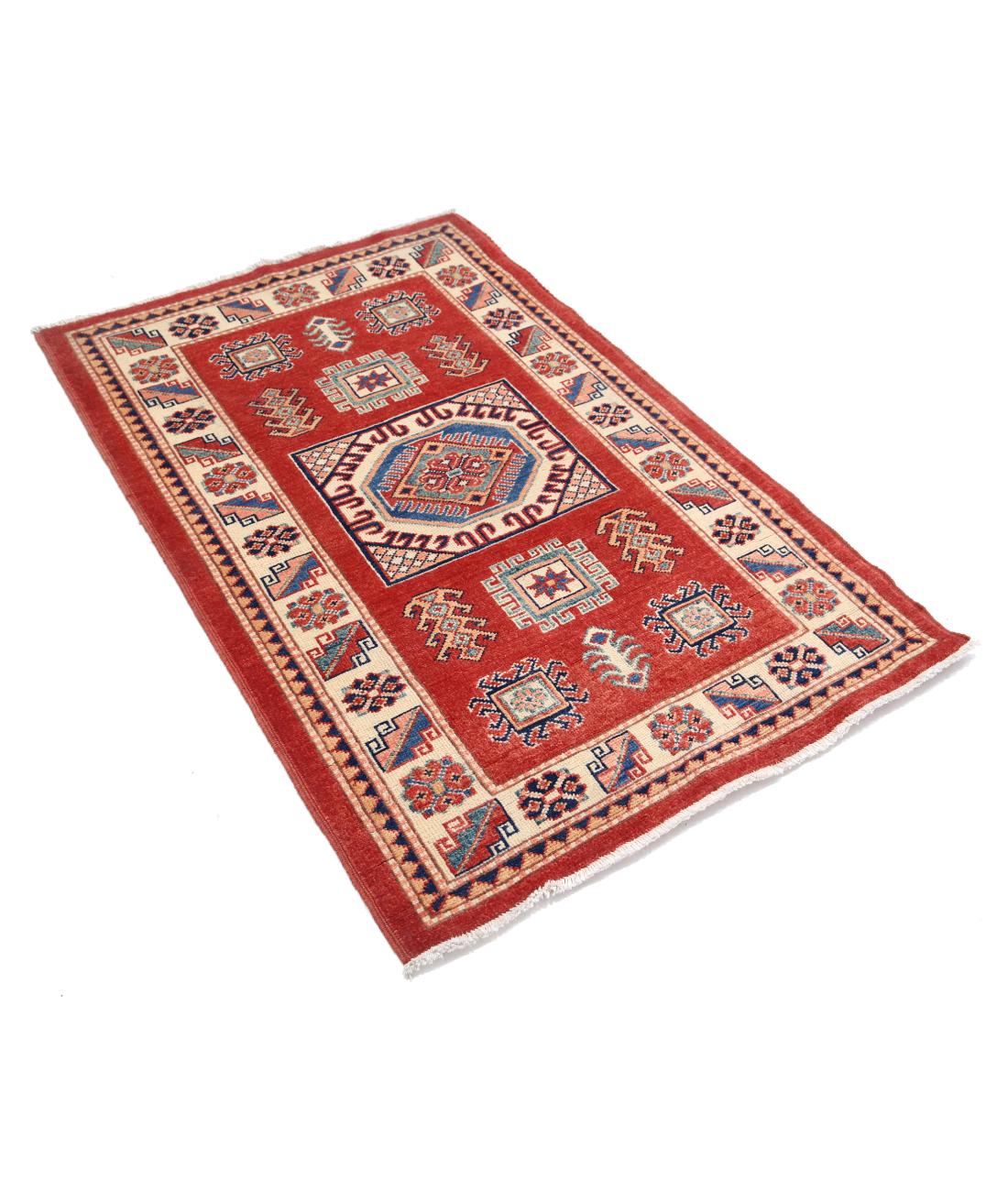 Hand Knotted Tribal Kazak Wool Rug - 3'2'' x 5'0'' 3' 2" X 5' 0" (97 X 152) / Red / Ivory