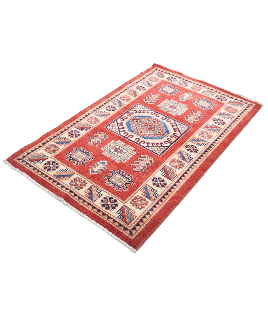 Hand Knotted Tribal Kazak Wool Rug - 3'2'' x 5'0'' 3' 2" X 5' 0" (97 X 152) / Red / Ivory