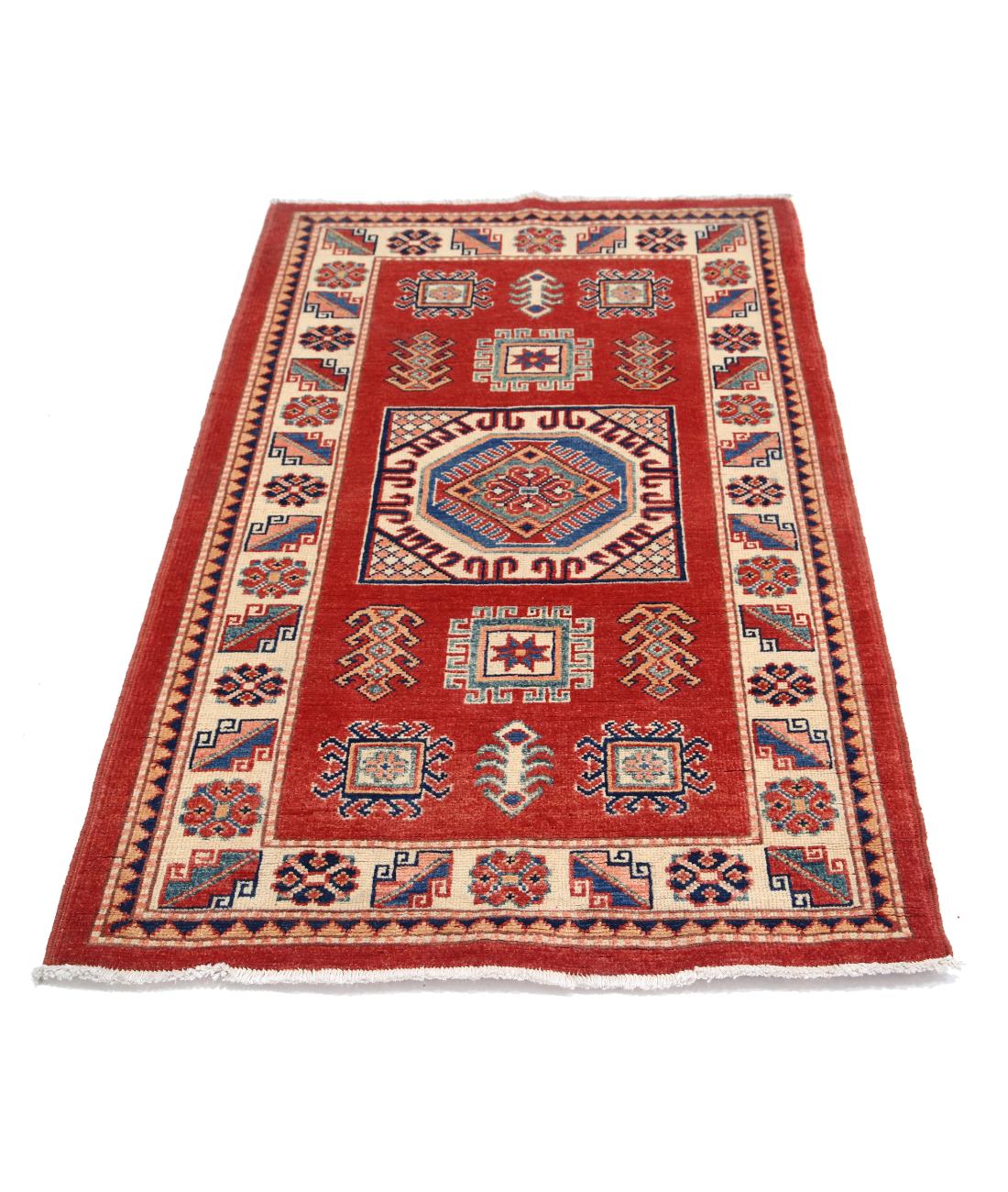 Hand Knotted Tribal Kazak Wool Rug - 3'2'' x 5'0'' 3' 2" X 5' 0" (97 X 152) / Red / Ivory