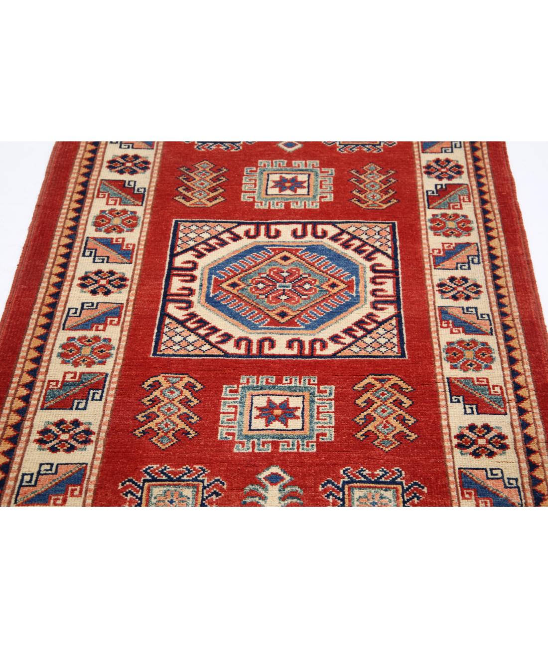 Hand Knotted Tribal Kazak Wool Rug - 3'2'' x 5'0'' 3' 2" X 5' 0" (97 X 152) / Red / Ivory