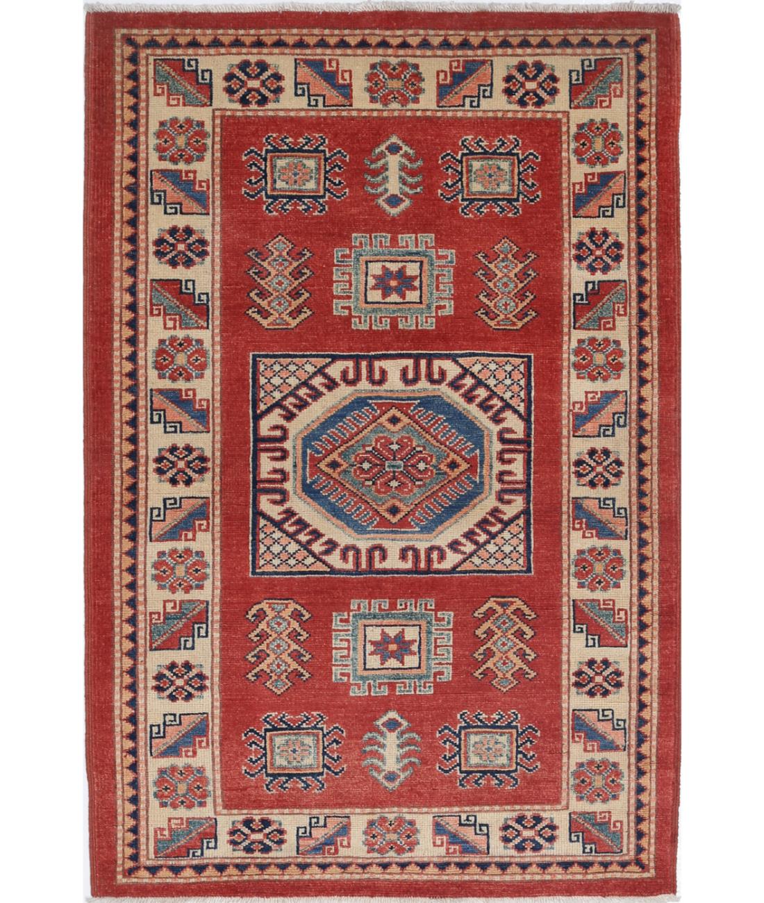 Hand Knotted Tribal Kazak Wool Rug - 3&#39;2&#39;&#39; x 5&#39;0&#39;&#39; 3&#39; 2&quot; X 5&#39; 0&quot; (97 X 152) / Red / Ivory