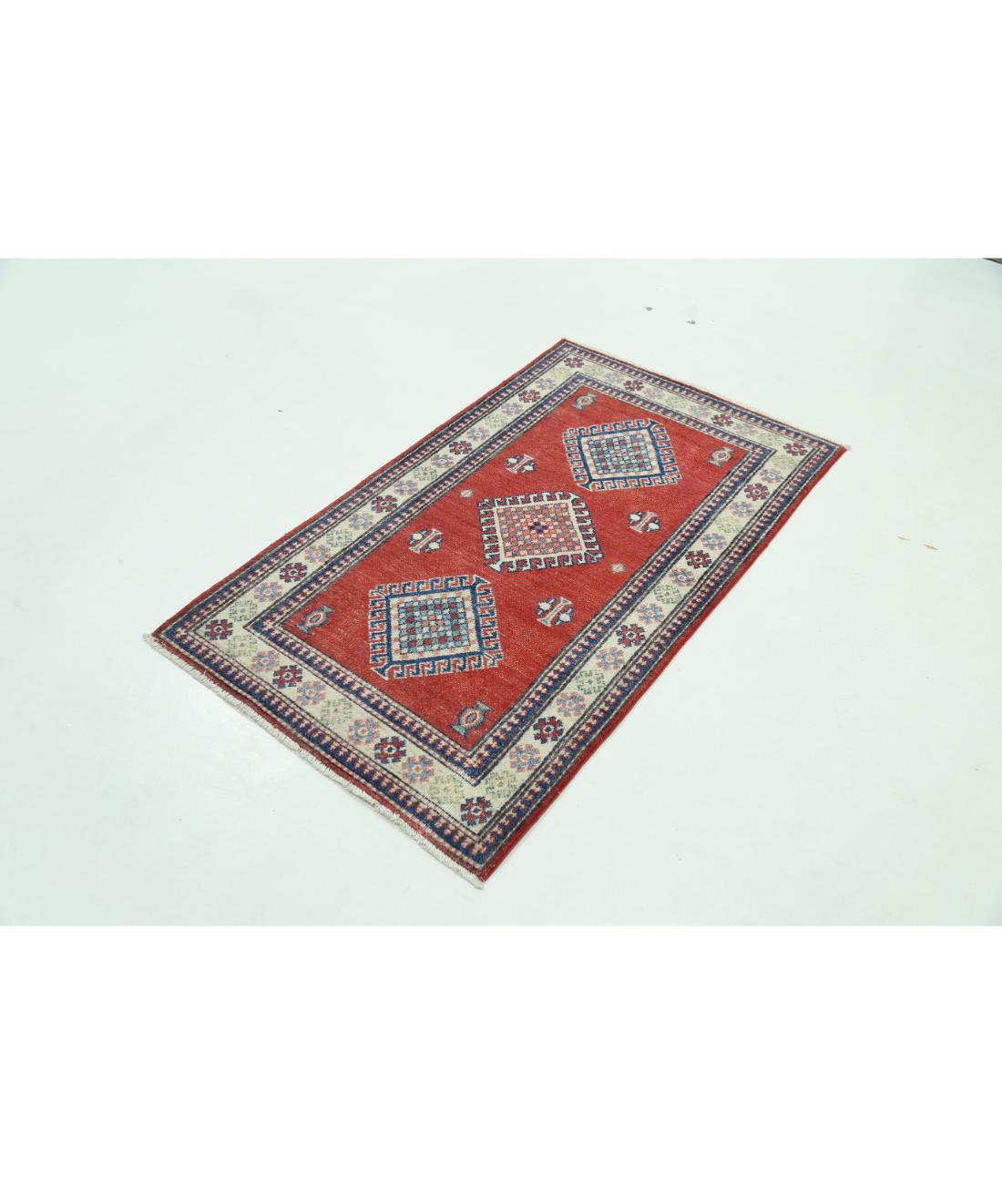 Hand Knotted Tribal Kazak Wool Rug - 2'11'' x 4'11'' 2' 11" X 4' 11" (89 X 150) / Red / Ivory