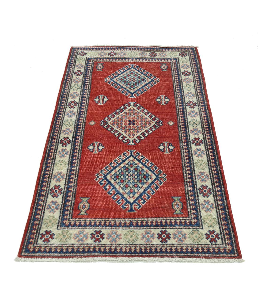Hand Knotted Tribal Kazak Wool Rug - 2'11'' x 4'11'' 2' 11" X 4' 11" (89 X 150) / Red / Ivory