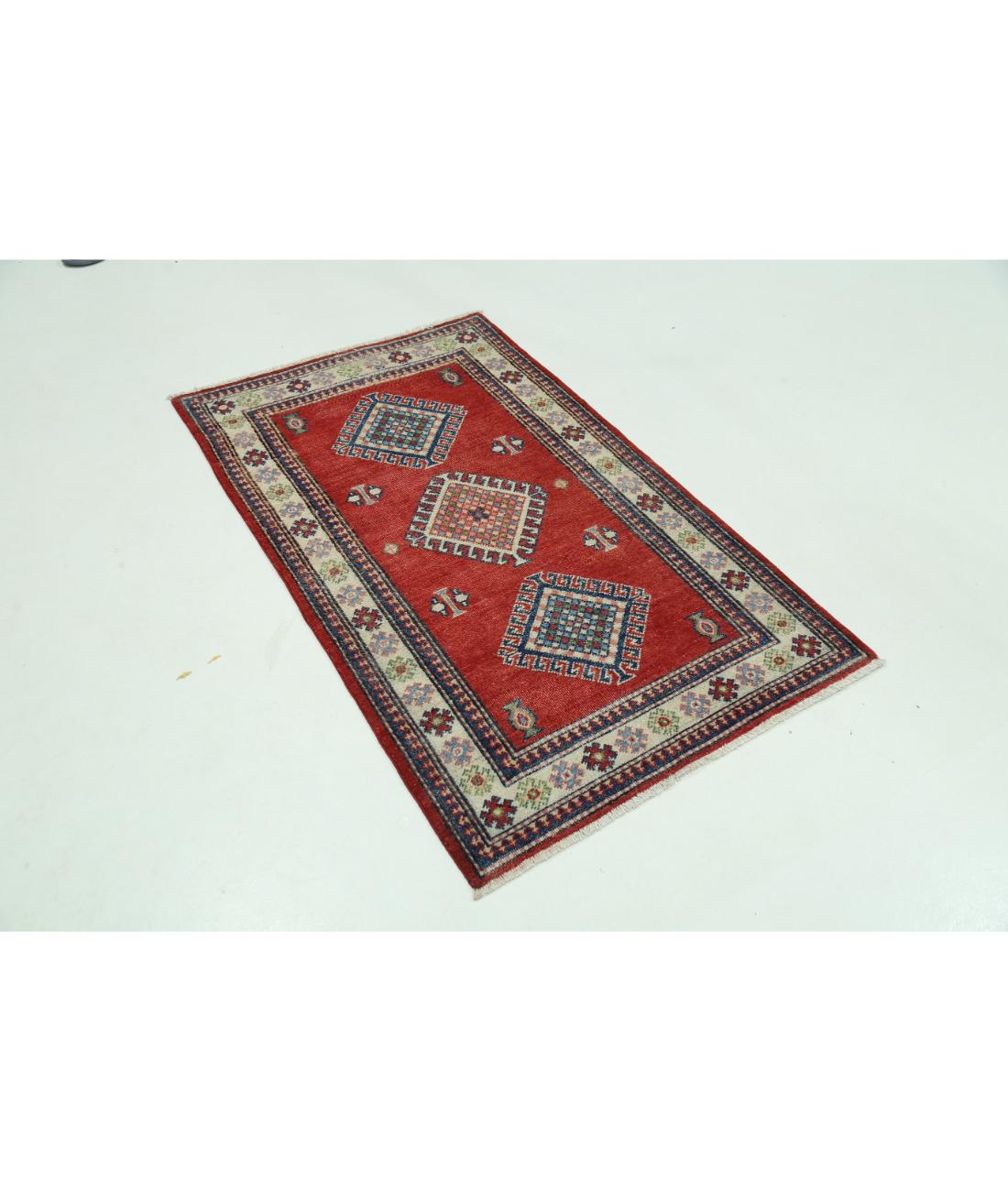 Hand Knotted Tribal Kazak Wool Rug - 3'0'' x 4'9'' 3' 0" X 4' 9" (91 X 145) / Red / Ivory