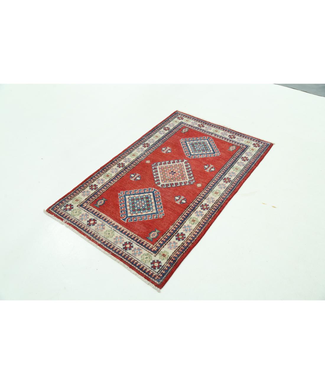 Hand Knotted Tribal Kazak Wool Rug - 3'0'' x 4'9'' 3' 0" X 4' 9" (91 X 145) / Red / Ivory
