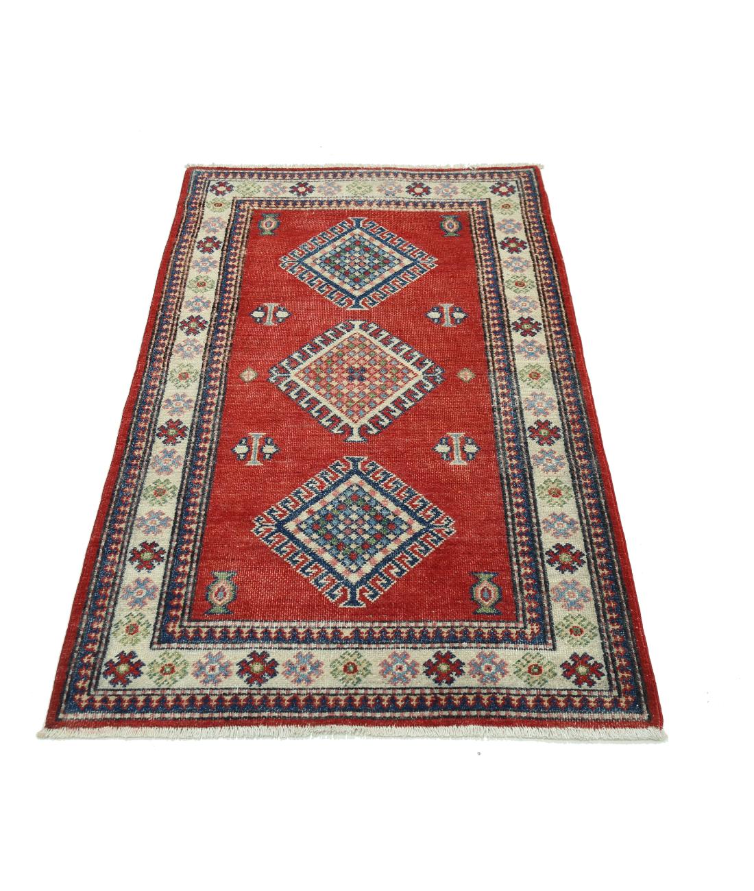 Hand Knotted Tribal Kazak Wool Rug - 3'0'' x 4'9'' 3' 0" X 4' 9" (91 X 145) / Red / Ivory