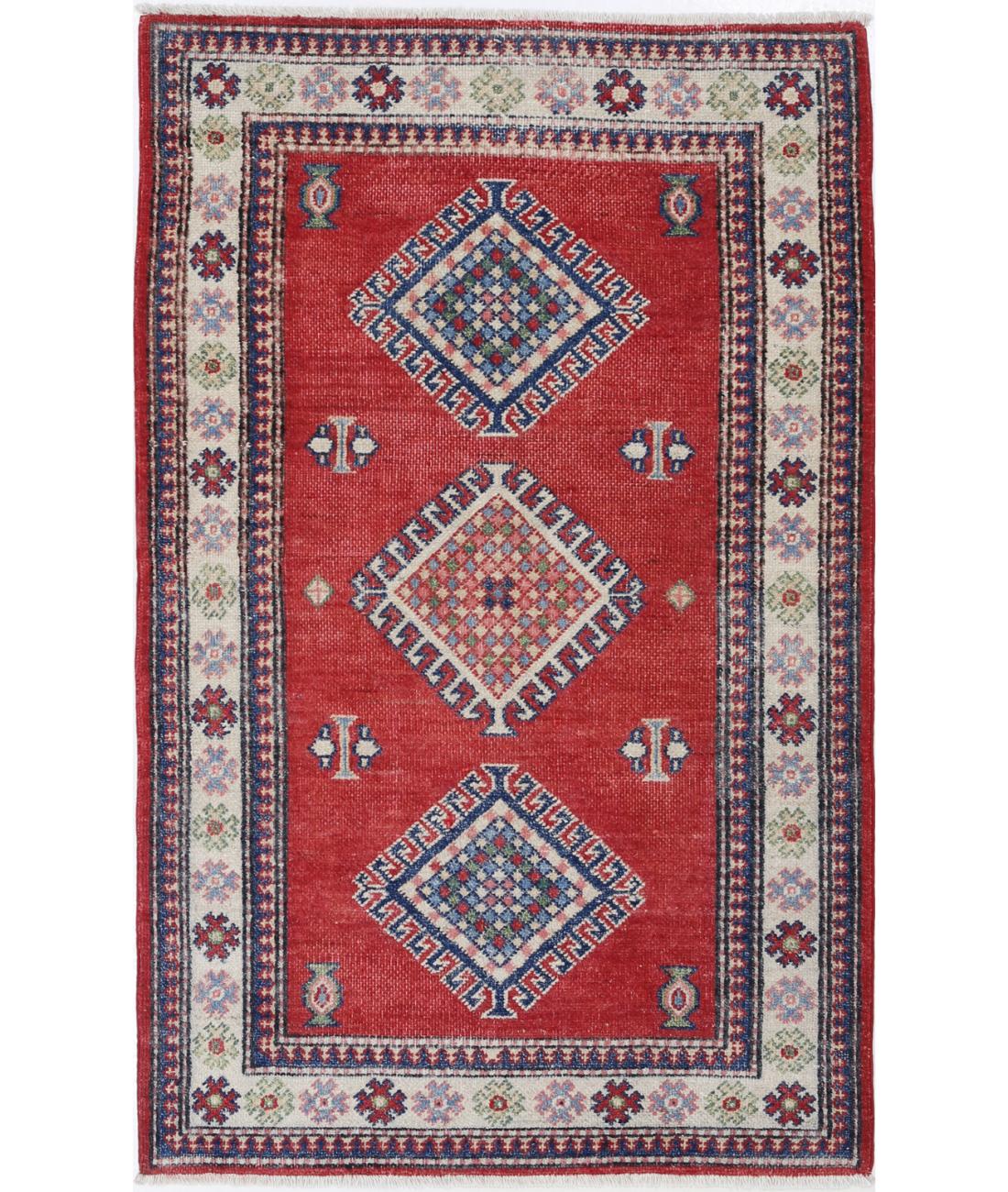 Hand Knotted Tribal Kazak Wool Rug - 3&#39;0&#39;&#39; x 4&#39;9&#39;&#39; 3&#39; 0&quot; X 4&#39; 9&quot; (91 X 145) / Red / Ivory