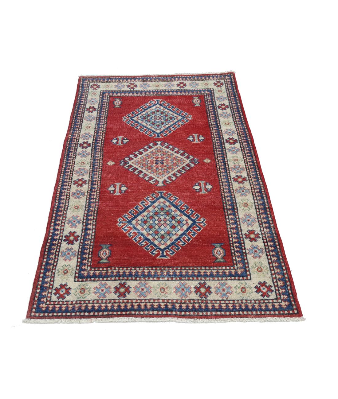 Hand Knotted Tribal Kazak Wool Rug - 2'1'' x 4'11'' 2' 1" X 4' 11" (64 X 150) / Red / Ivory