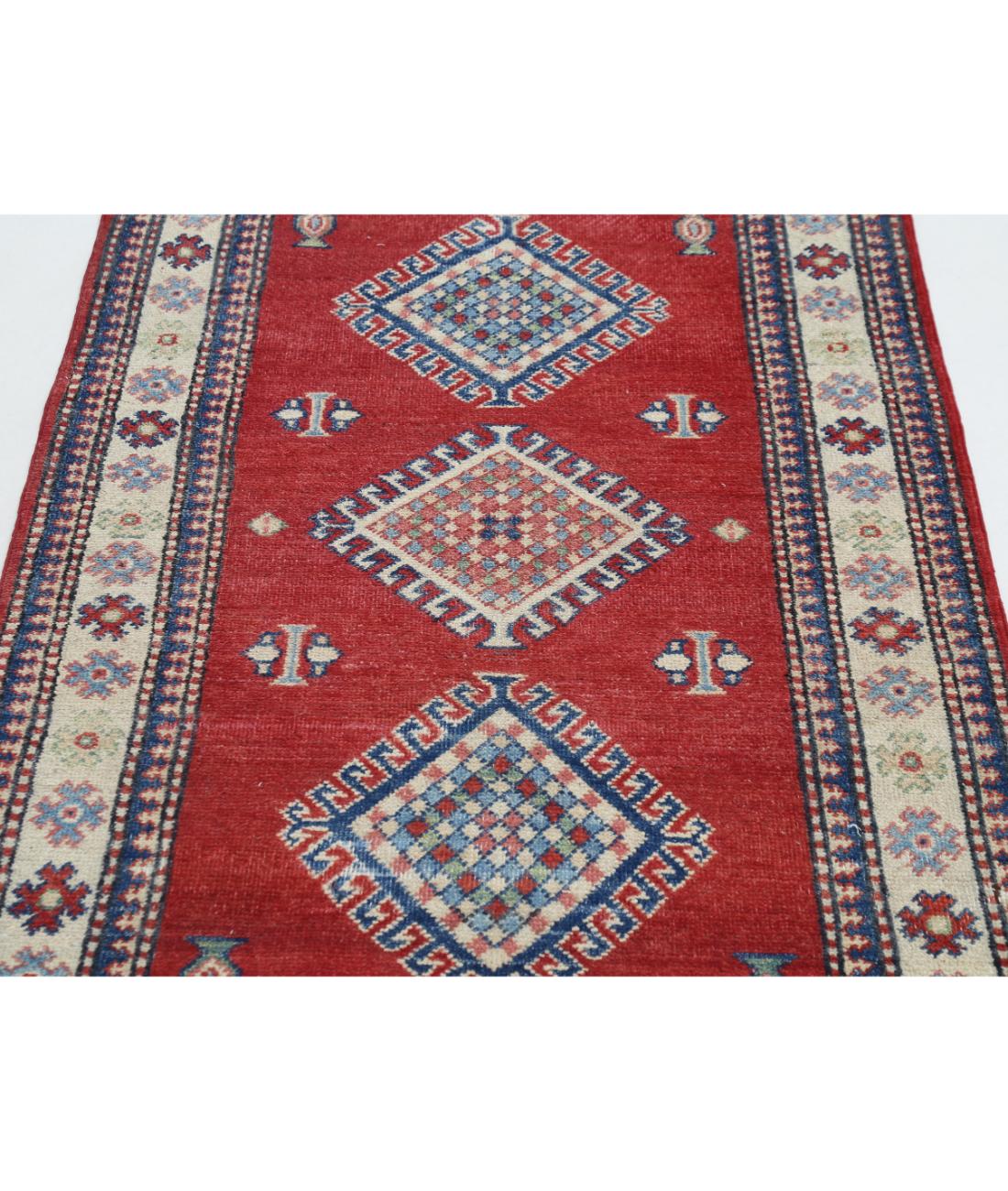 Hand Knotted Tribal Kazak Wool Rug - 2'1'' x 4'11'' 2' 1" X 4' 11" (64 X 150) / Red / Ivory