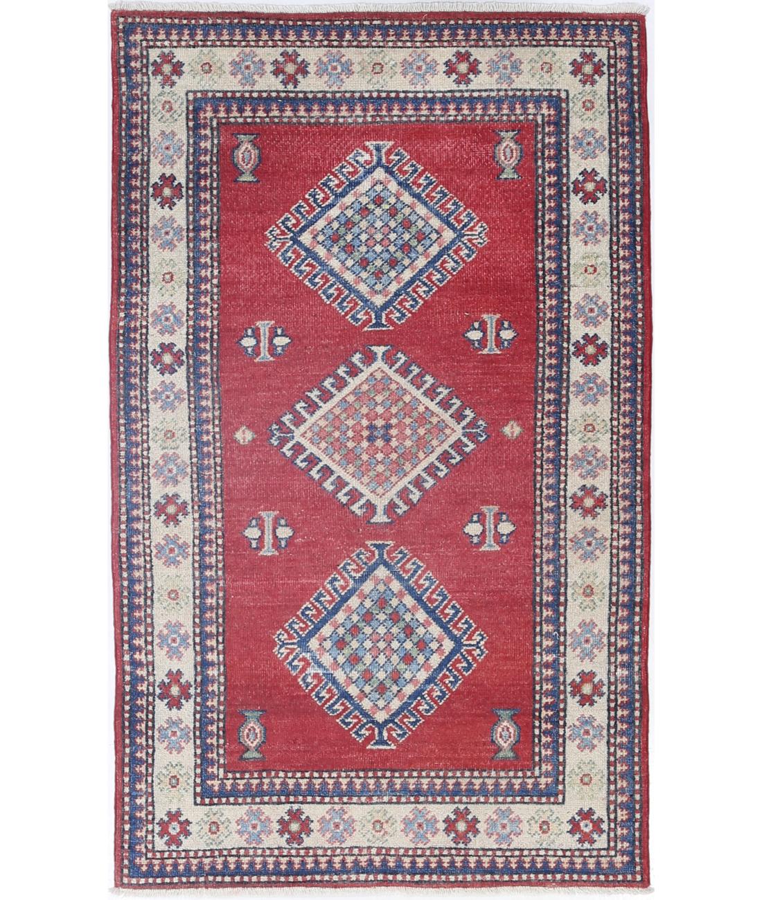 Hand Knotted Tribal Kazak Wool Rug - 2&#39;1&#39;&#39; x 4&#39;11&#39;&#39; 2&#39; 1&quot; X 4&#39; 11&quot; (64 X 150) / Red / Ivory