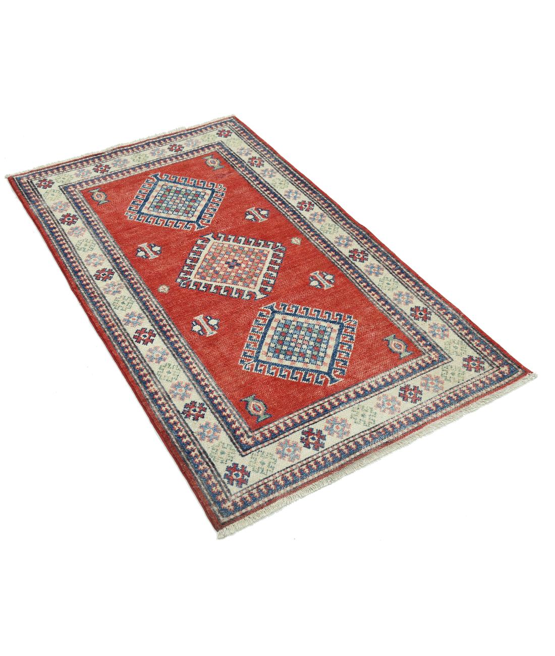Hand Knotted Tribal Kazak Wool Rug - 2'10'' x 5'0'' 2' 10" X 5' 0" (86 X 152) / Red / Ivory