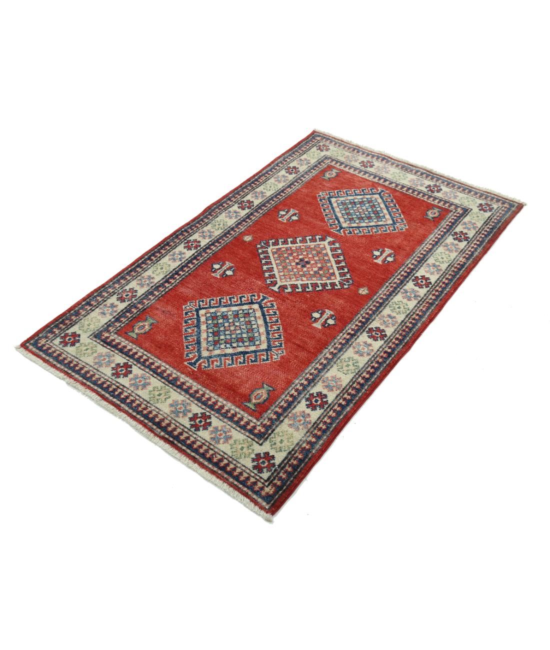 Hand Knotted Tribal Kazak Wool Rug - 2'10'' x 5'0'' 2' 10" X 5' 0" (86 X 152) / Red / Ivory