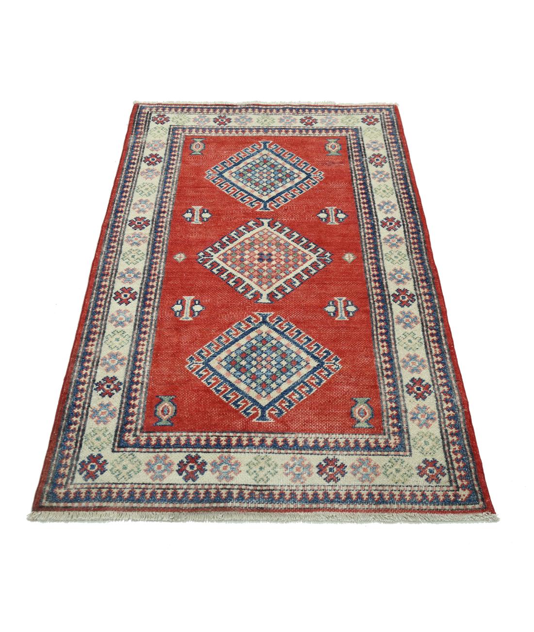 Hand Knotted Tribal Kazak Wool Rug - 2'10'' x 5'0'' 2' 10" X 5' 0" (86 X 152) / Red / Ivory