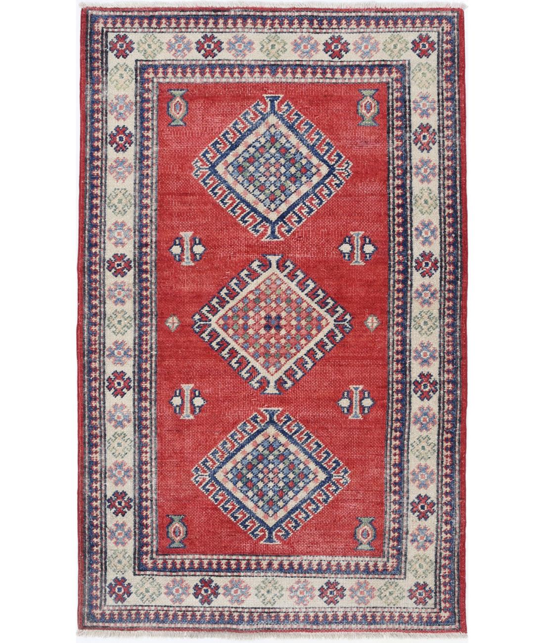 Hand Knotted Tribal Kazak Wool Rug - 2&#39;10&#39;&#39; x 5&#39;0&#39;&#39; 2&#39; 10&quot; X 5&#39; 0&quot; (86 X 152) / Red / Ivory