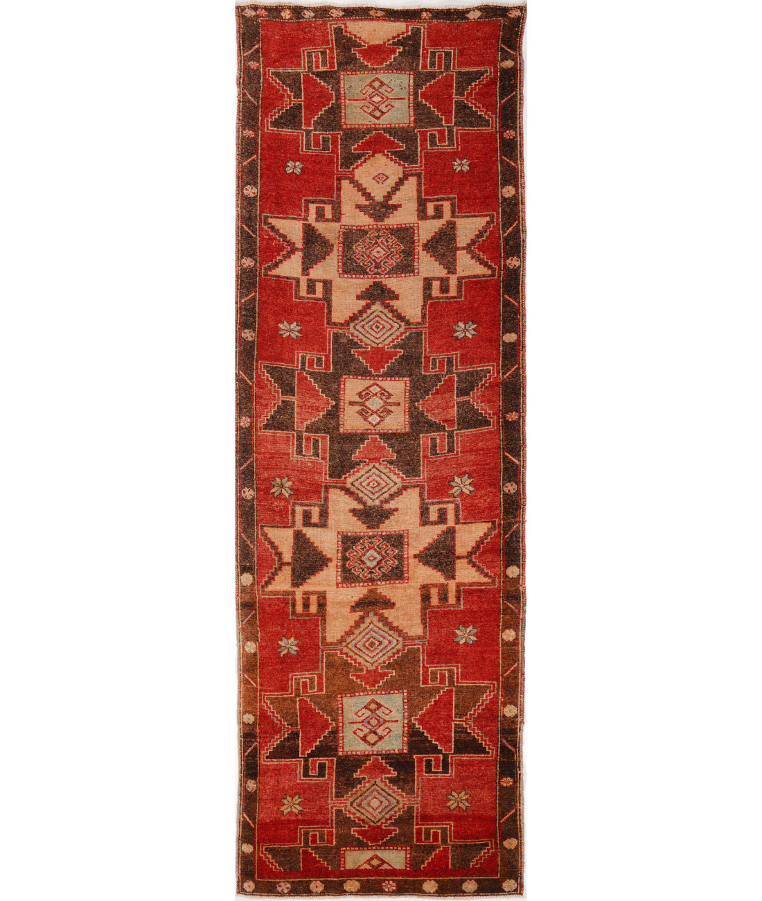 Hand Knotted Vintage Turkish Anatolian Wool Rug - 3&#39;7&#39;&#39; x 12&#39;2&#39;&#39; 3&#39; 7&quot; X 12&#39; 2&quot; (109 X 371) / Red / Brown
