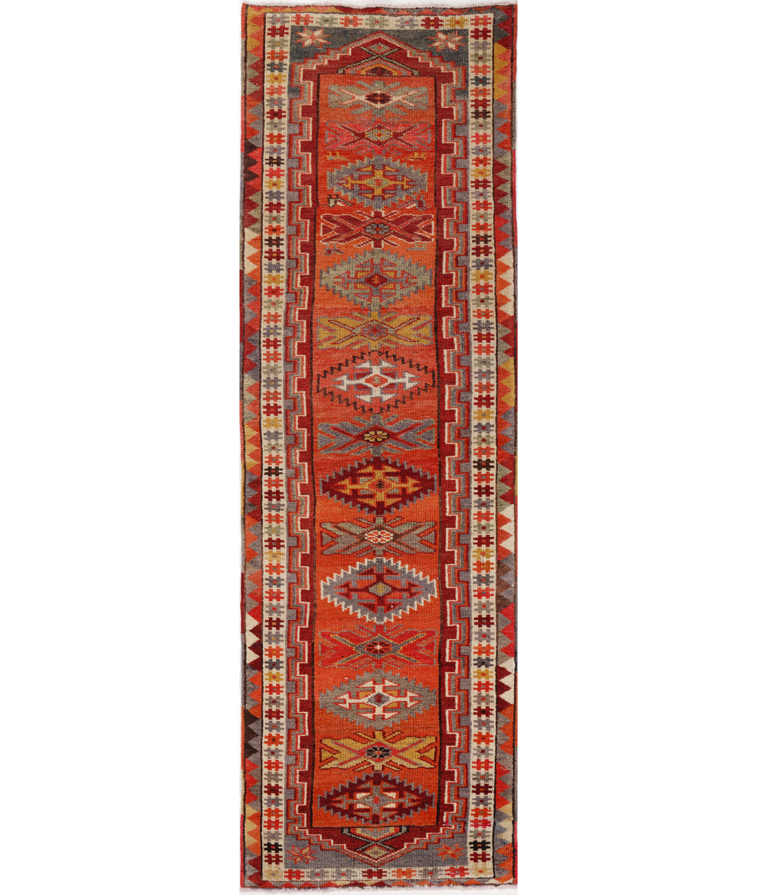 Hand Knotted Vintage Turkish Herki Wool Rug - 2&#39;11&#39;&#39; x 10&#39;10&#39;&#39; 2&#39; 11&quot; X 10&#39; 10&quot; (89 X 330) / Orange / Ivory