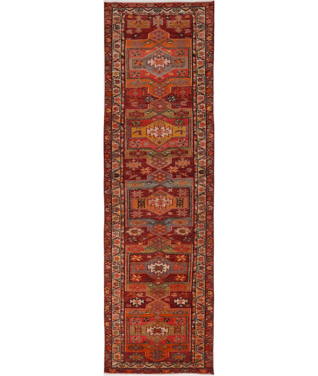 Hand Knotted Vintage Turkish Herki Wool Rug - 3'2'' x 12'4'' 3' 2" X 12' 4" (97 X 376) / Burgundy / Ivory