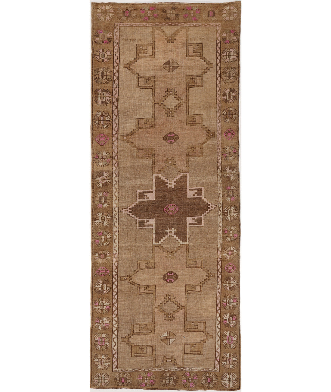Hand Knotted Vintage Turkish Kars Wool Rug - 4'2'' x 11'9'' 4' 2" X 11' 9" (127 X 358) / Taupe / Brown