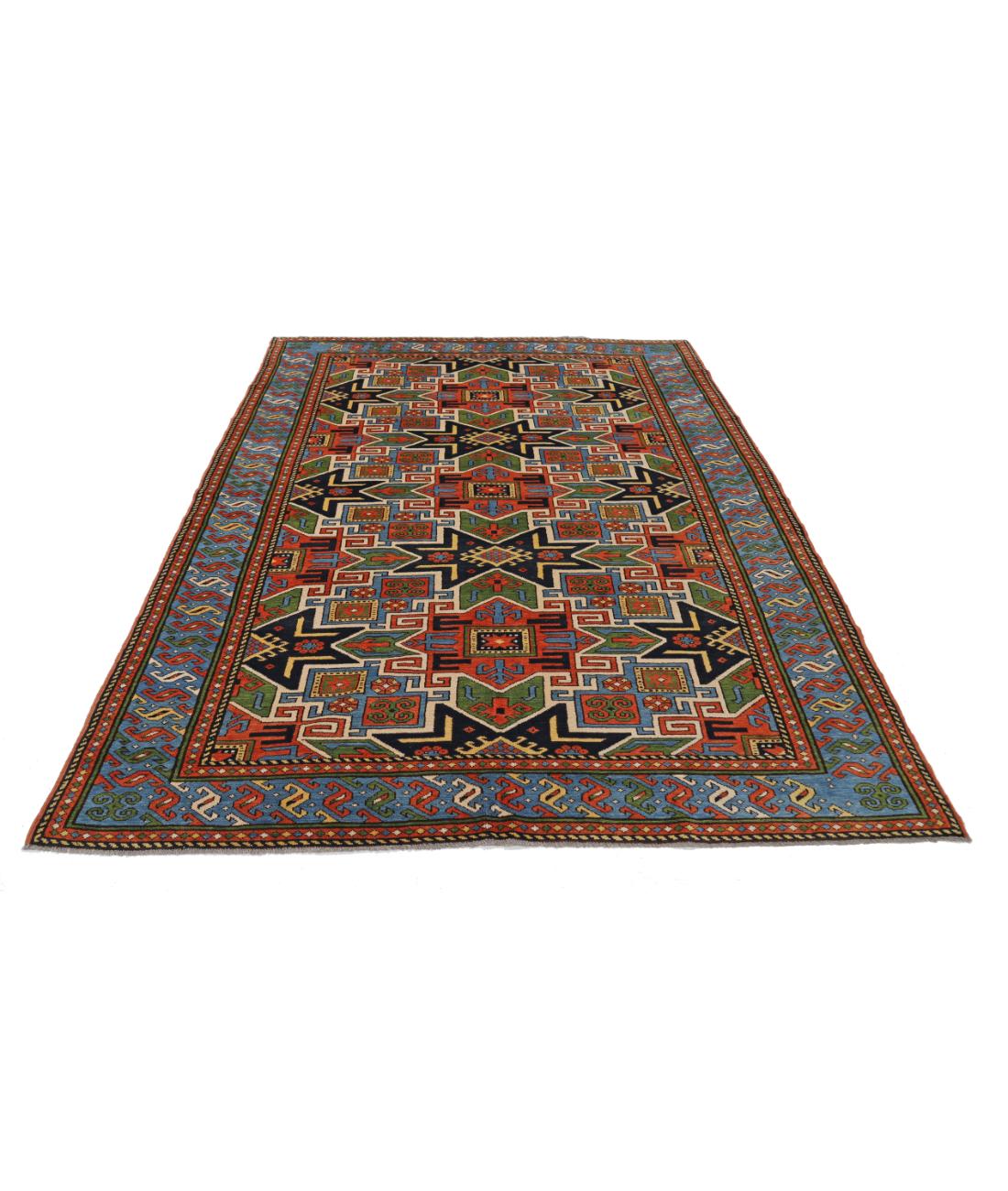 Hand Knotted Vintage Turkish Kars Wool Rug - 6'0'' x 7'8'' 6' 0" X 7' 8" (183 X 234) / Rust / Blue