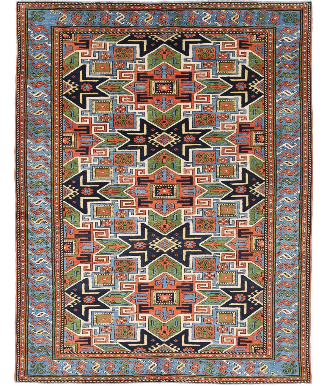 Hand Knotted Vintage Turkish Kars Wool Rug - 6&#39;0&#39;&#39; x 7&#39;8&#39;&#39; 6&#39; 0&quot; X 7&#39; 8&quot; (183 X 234) / Rust / Blue
