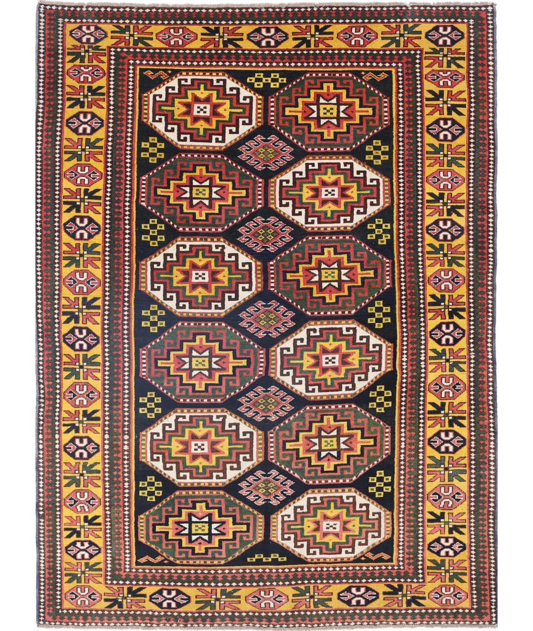 Hand Knotted Vintage Turkish Kars Wool Rug - 5&#39;0&#39;&#39; x 6&#39;11&#39;&#39; 5&#39; 0&quot; X 6&#39; 11&quot; (152 X 211) / Blue / Gold