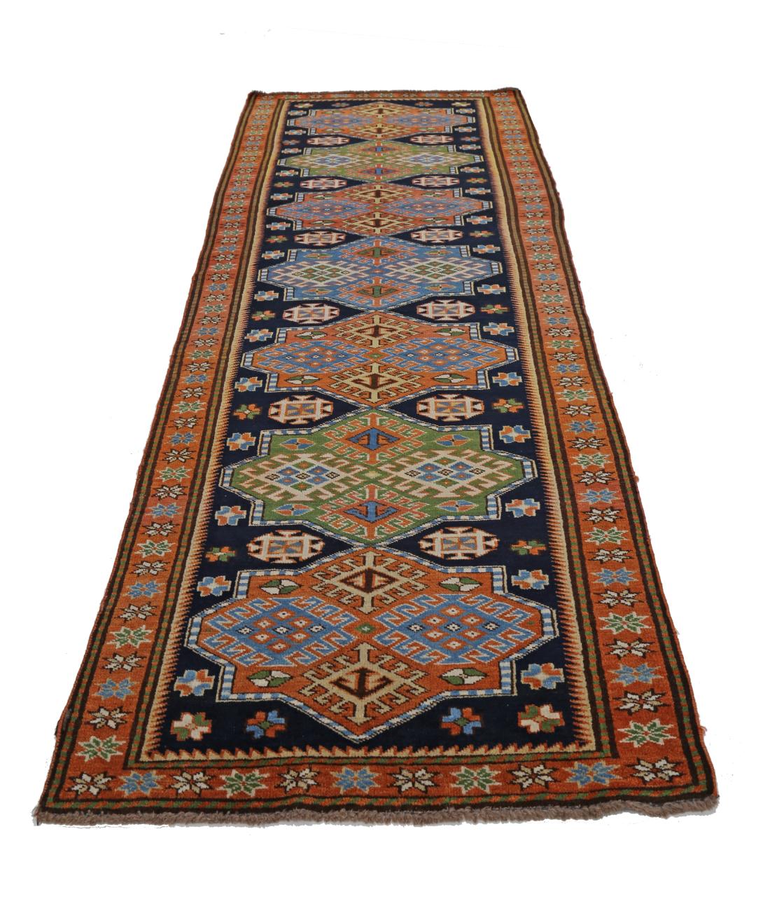 Hand Knotted Vintage Turkish Kars Wool Rug - 2'8'' x 7'7'' 2' 8" X 7' 7" (81 X 231) / Blue / Rust