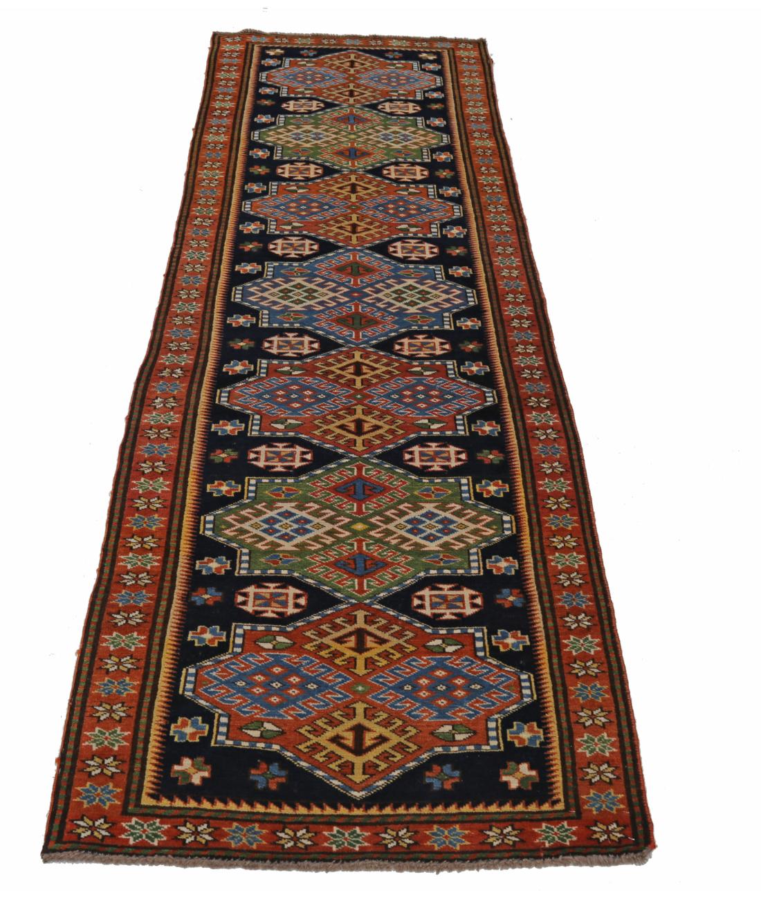 Hand Knotted Vintage Turkish Kars Wool Rug - 2'8'' x 7'7'' 2' 8" X 7' 7" (81 X 231) / Blue / Rust