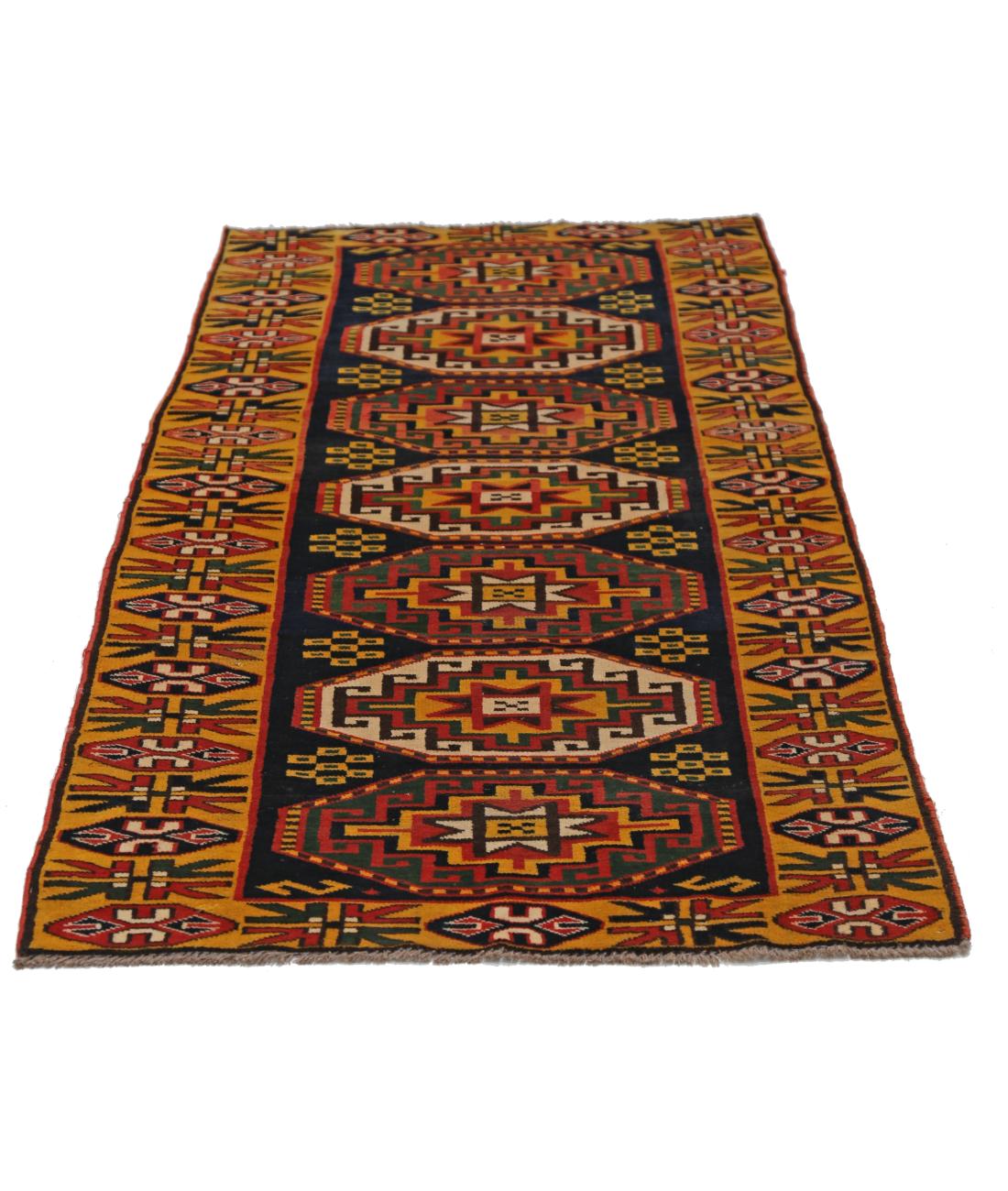 Hand Knotted Vintage Turkish Kars Wool Rug - 2'8'' x 6'4'' 2' 8" X 6' 4" (81 X 193) / Blue / Gold