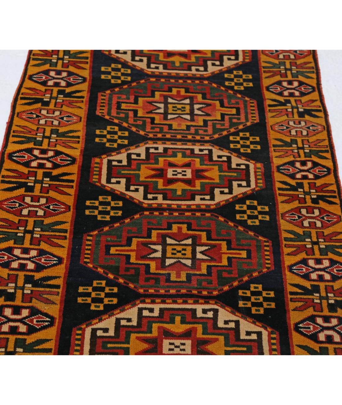 Hand Knotted Vintage Turkish Kars Wool Rug - 2'8'' x 6'4'' 2' 8" X 6' 4" (81 X 193) / Blue / Gold