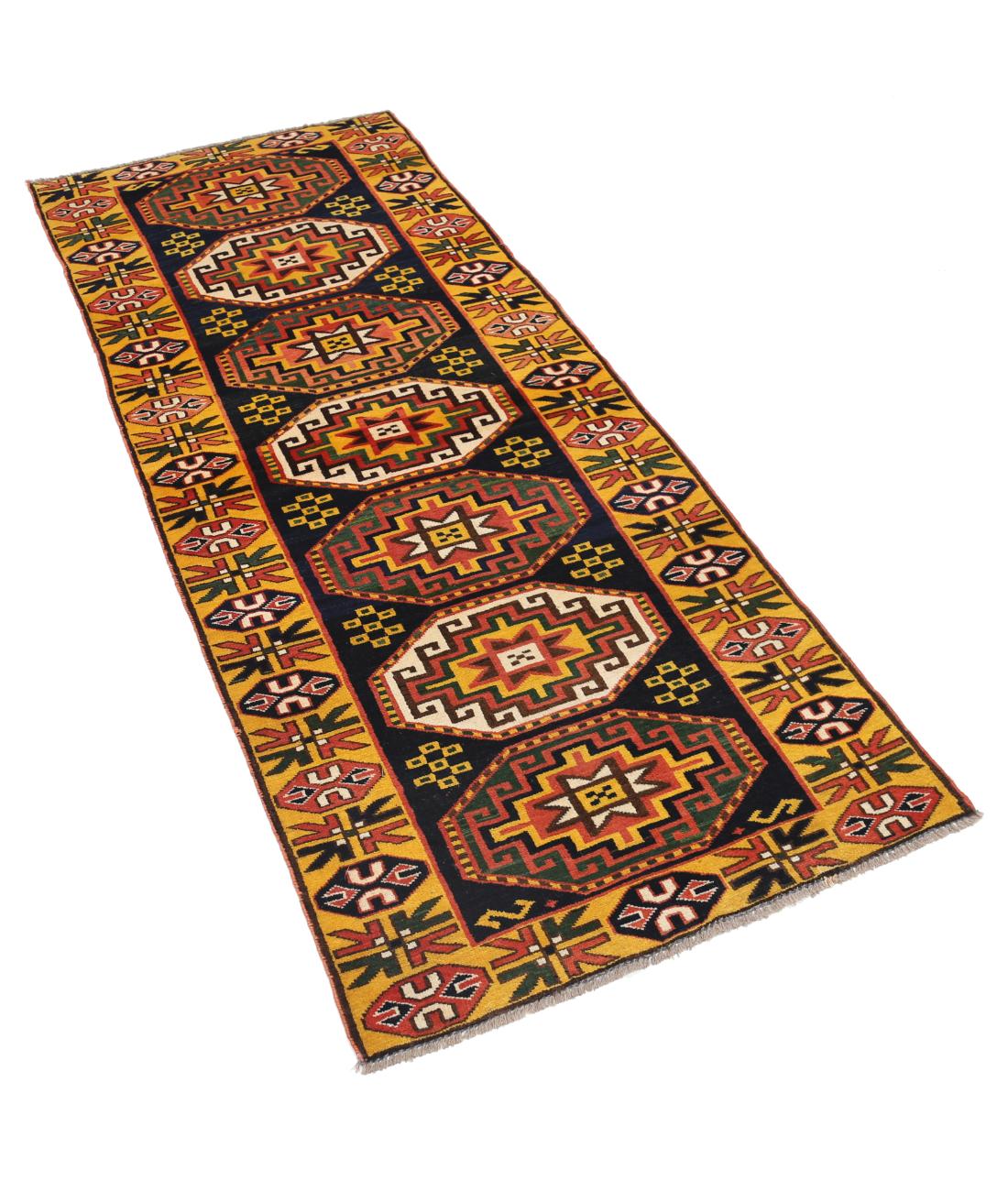 Hand Knotted Vintage Turkish Kars Wool Rug - 2'7'' x 6'6'' 2' 7" X 6' 6" (79 X 198) / Blue / Gold