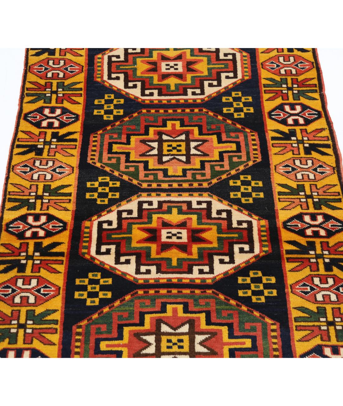 Hand Knotted Vintage Turkish Kars Wool Rug - 2'7'' x 6'6'' 2' 7" X 6' 6" (79 X 198) / Blue / Gold