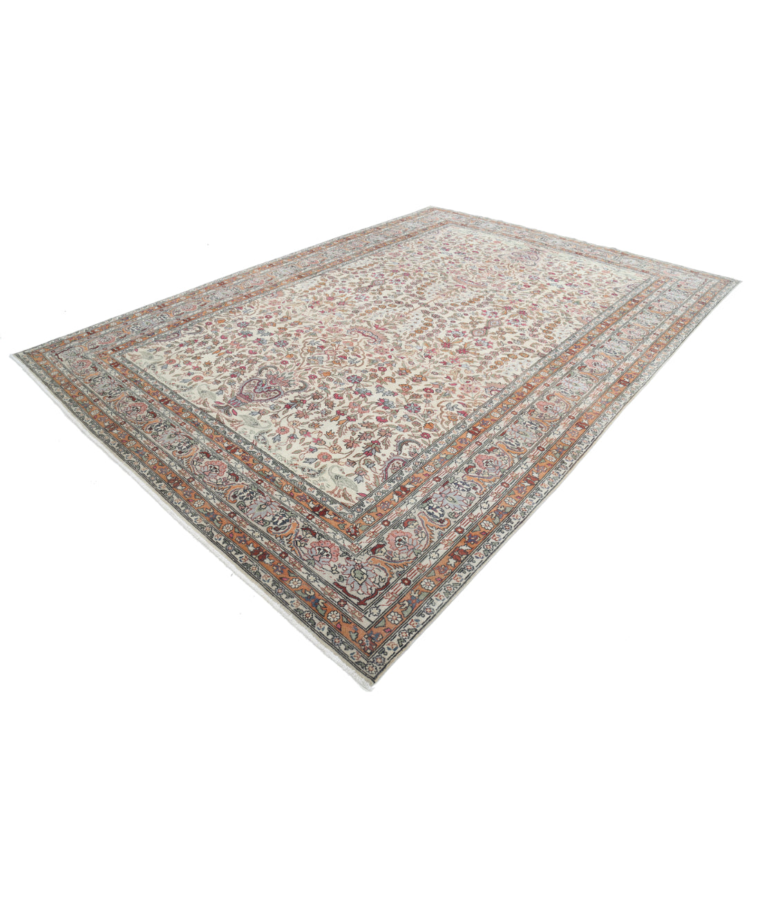 Hand Knotted Vintage Turkish Kayseri Wool Rug - 9'1'' x 13'1'' 9' 1" X 13' 1" (277 X 399) / Ivory / Grey