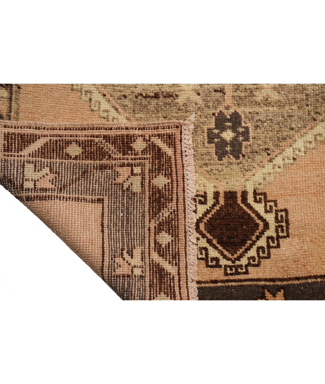 Hand Knotted Vintage Turkish Yastik Wool Rug - 4'0'' x 13'4'' 4' 0" X 13' 4" (122 X 406) / Peach / Brown