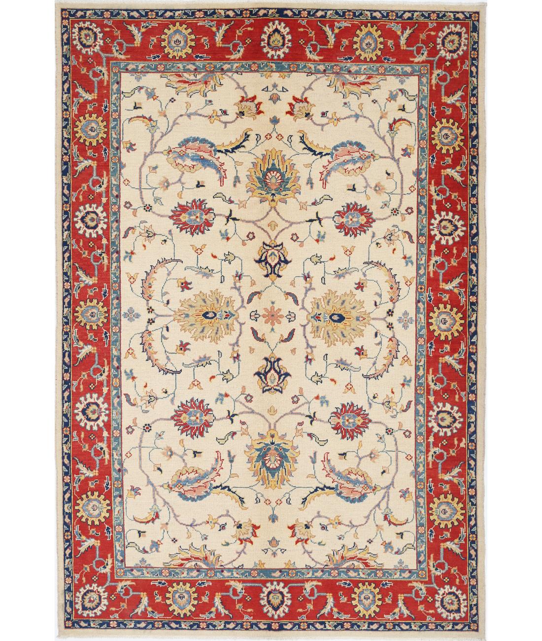 Hand Knotted Ziegler Farhan Gul Wool Rug - 6&#39;6&#39;&#39; x 9&#39;9&#39;&#39; 6&#39; 6&quot; X 9&#39; 9&quot; (198 X 297) / Ivory / Red