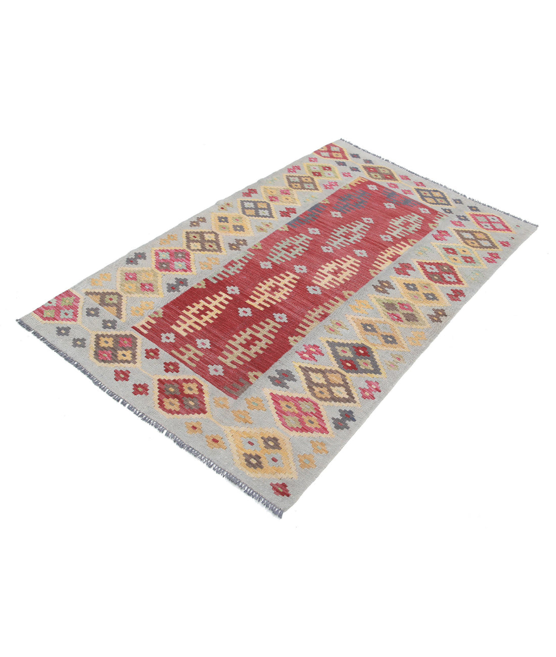 Hand Knotted Maimana Kilim Wool Kilim Rug - 3'9'' x 6'1'' 3'9'' x 6'1'' (113 X 183) / Rust / Grey