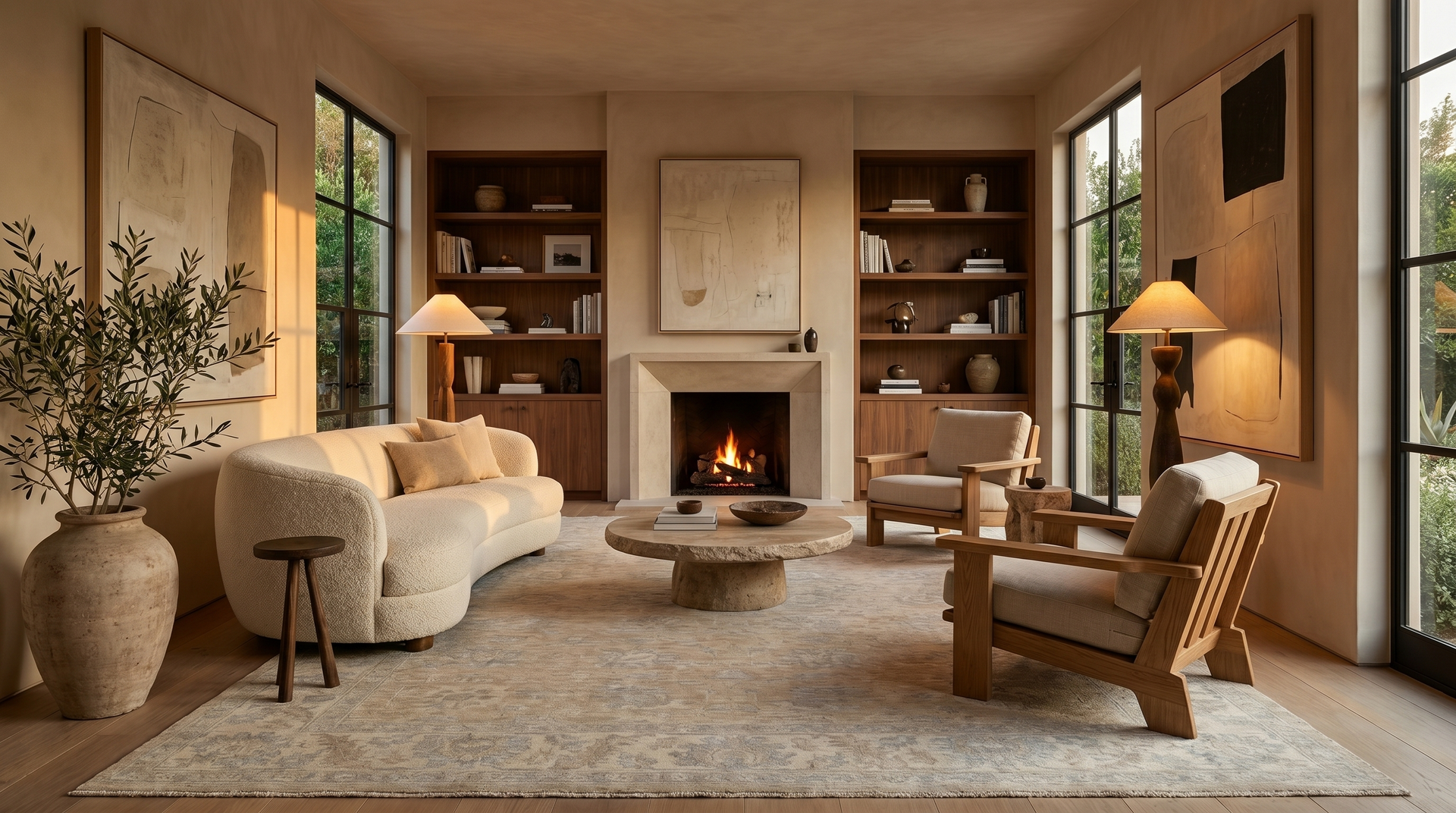 A serene architect-designed living room at golden dusk, a soft taupe and ivory hand-knotted Ziegler rug grounding the seating area before a stone fireplace — Arteverk