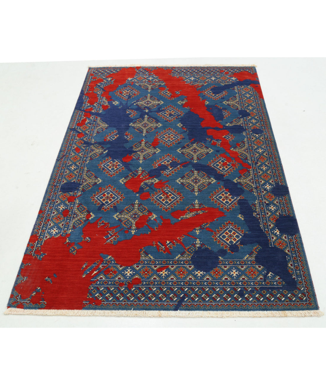 Ajrak Wool & Bamboo Silk Rug - 4'0'' x 6'1'' 4'0'' x 6'1'' (120 X 183) / Blue / Red
