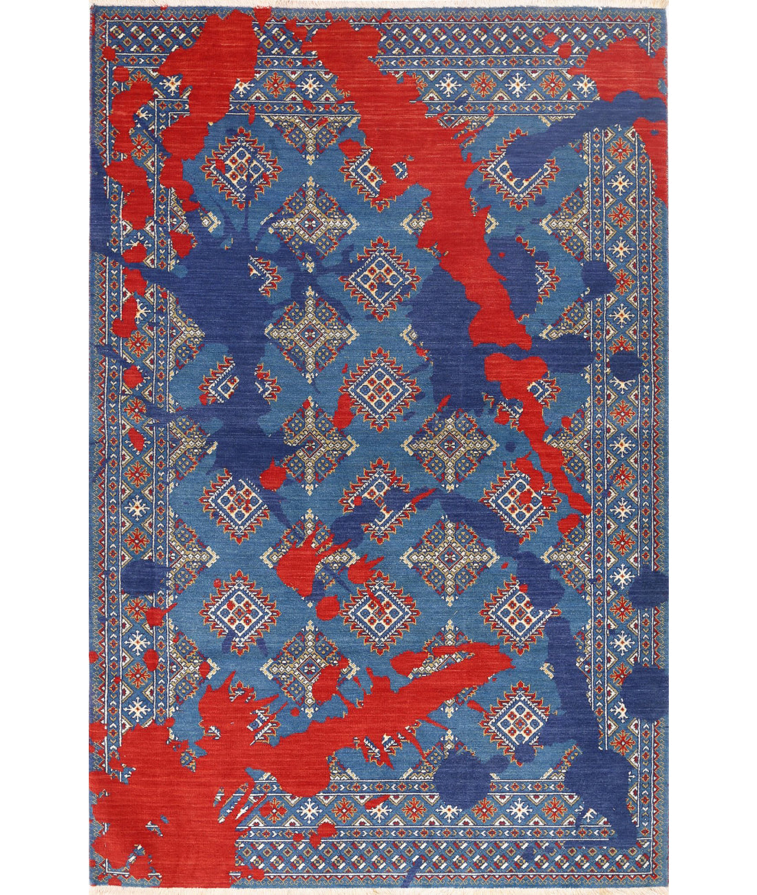 Ajrak Wool & Bamboo Silk Rug - 4'0'' x 6'1'' 4'0'' x 6'1'' (120 X 183) / Blue / Red