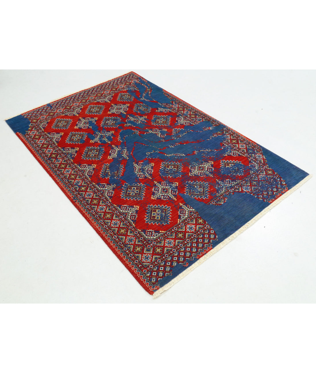 Ajrak Wool & Bamboo Silk Rug - 4'0'' x 6'0'' 4'0'' x 6'0'' (120 X 180) / Red / Blue