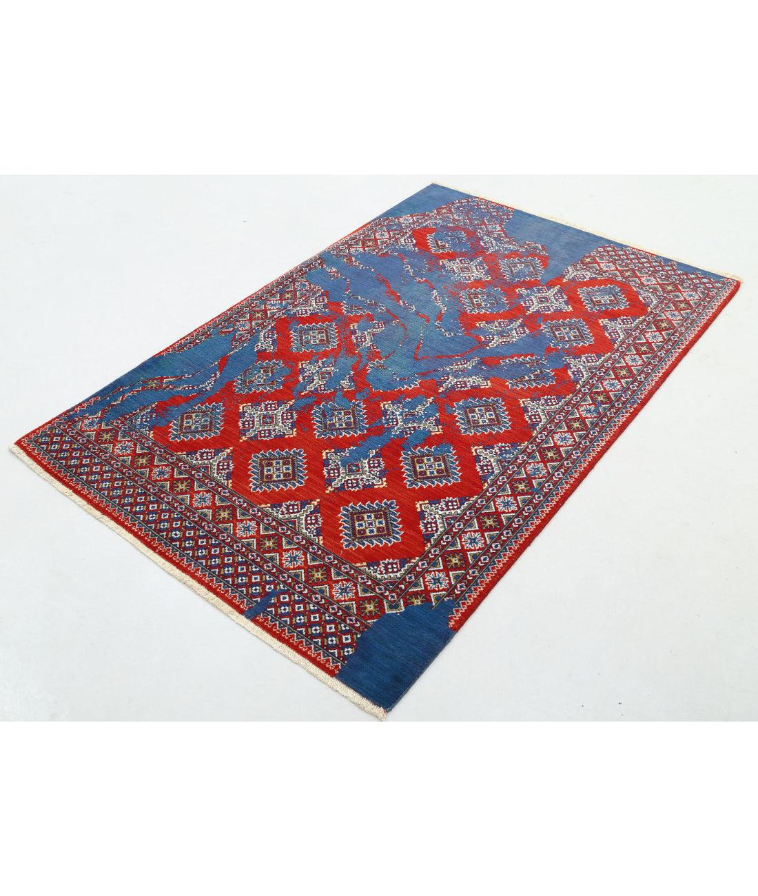 Ajrak Wool & Bamboo Silk Rug - 4'0'' x 6'0'' 4'0'' x 6'0'' (120 X 180) / Red / Blue