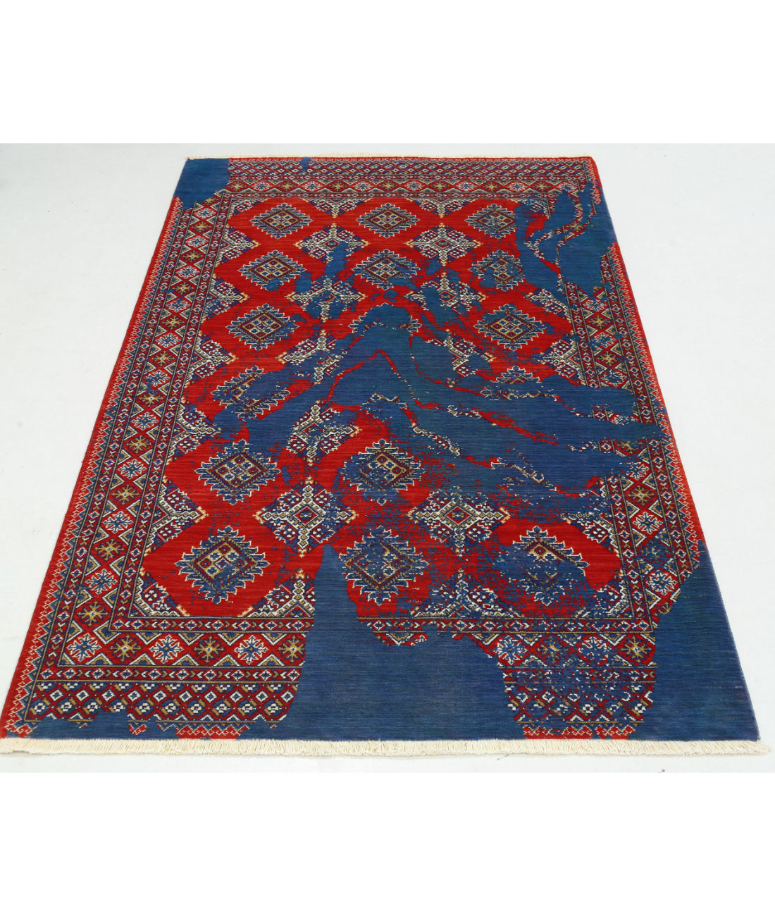 Ajrak Wool & Bamboo Silk Rug - 4'0'' x 6'0'' 4'0'' x 6'0'' (120 X 180) / Red / Blue
