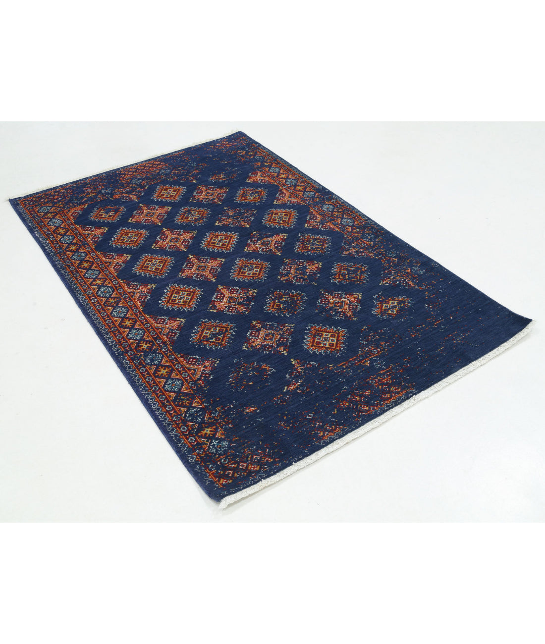 Ajrak Wool & Bamboo Silk Rug - 3'11'' x 6'0'' 3'11'' x 6'0'' (118 X 180) / Blue / Red