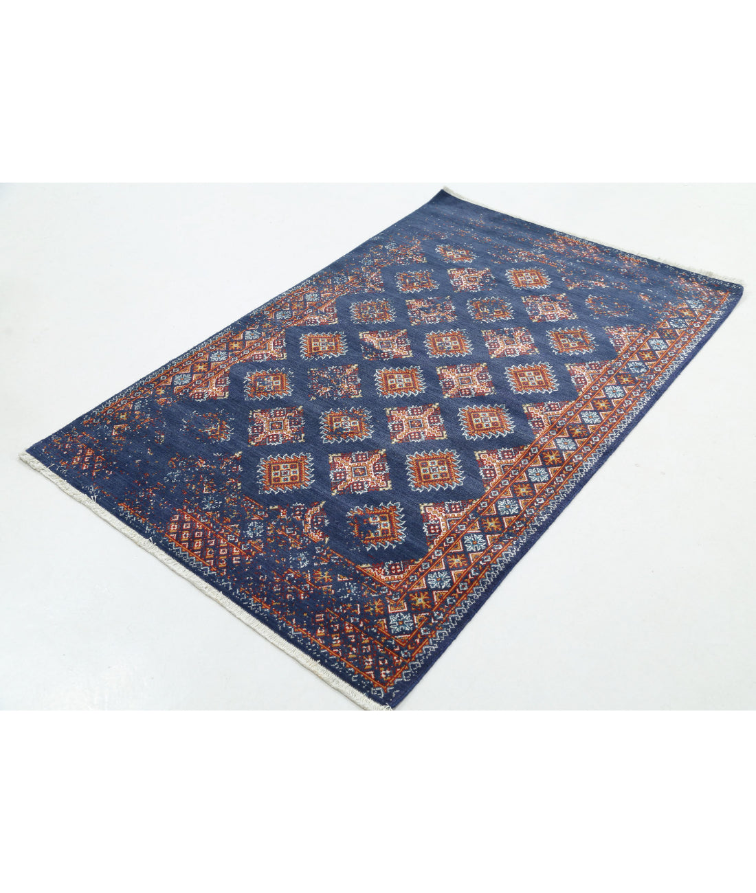 Ajrak Wool & Bamboo Silk Rug - 3'11'' x 6'0'' 3'11'' x 6'0'' (118 X 180) / Blue / Red