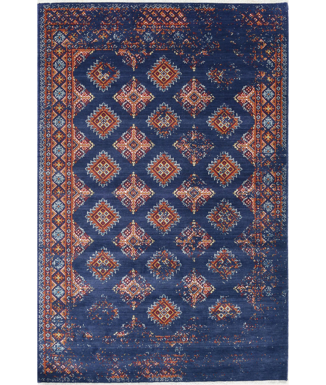 Ajrak Wool & Bamboo Silk Rug - 3'11'' x 6'0'' 3'11'' x 6'0'' (118 X 180) / Blue / Red