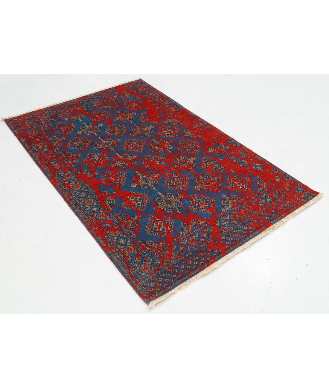 Ajrak Wool & Bamboo Silk Rug - 4'0'' x 6'0'' 4'0'' x 6'0'' (120 X 180) / Red / Blue