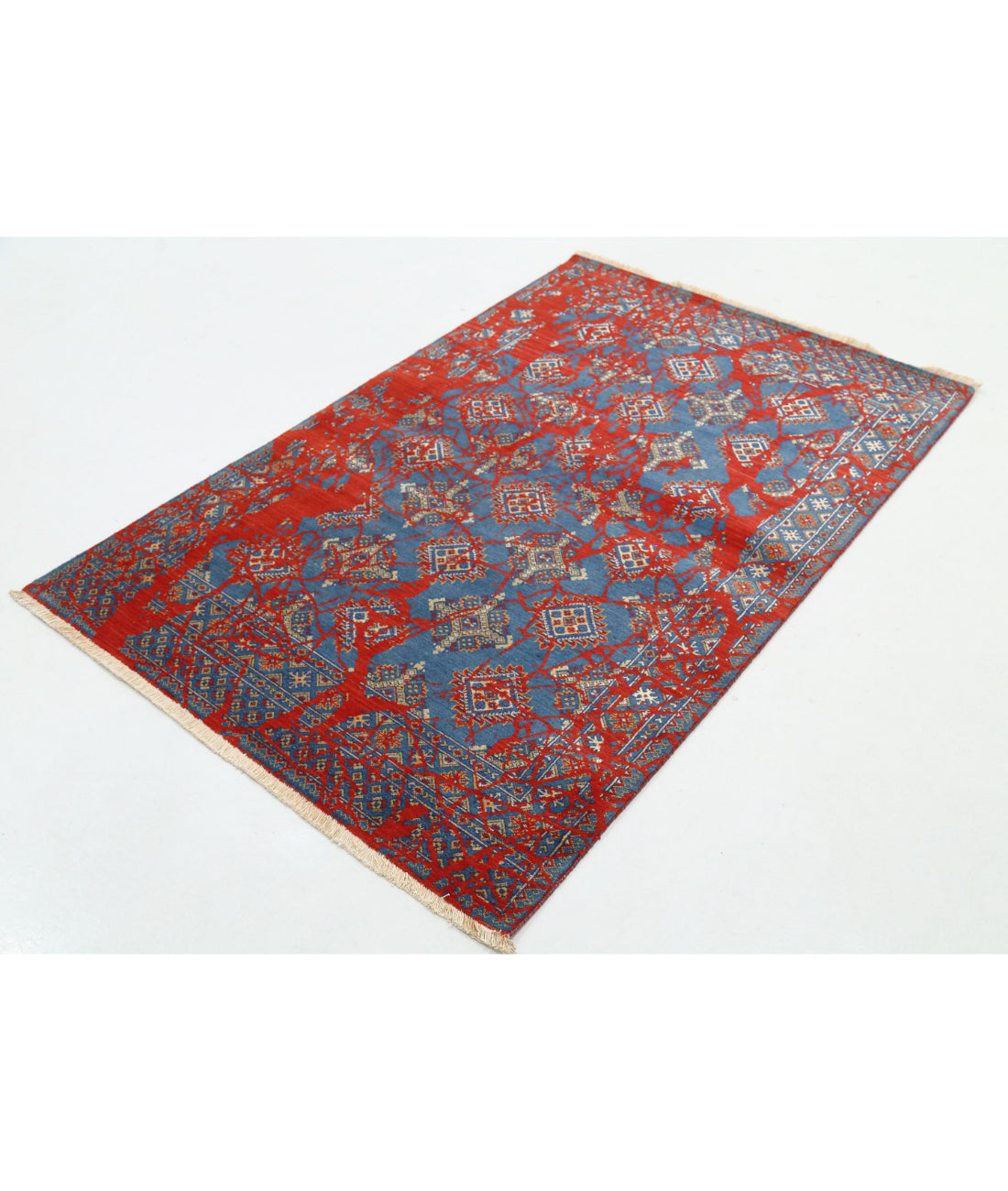 Ajrak Wool & Bamboo Silk Rug - 4'0'' x 6'0'' 4'0'' x 6'0'' (120 X 180) / Red / Blue