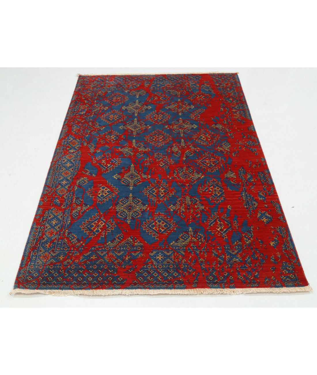Ajrak Wool & Bamboo Silk Rug - 4'0'' x 6'0'' 4'0'' x 6'0'' (120 X 180) / Red / Blue
